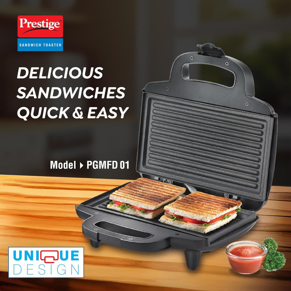 Prestige PGMFD 800 Watt Grill Sandwich Maker with Non-Stick Grill Plates | Black