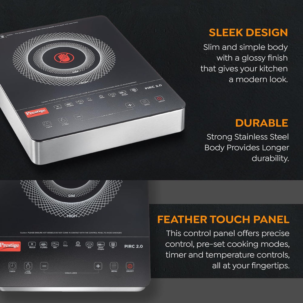 Prestige PIRC 2.0 2000 Watts Infrared Dual Heating Zone Cooktop | Feather Touch Buttons | Black & Silver