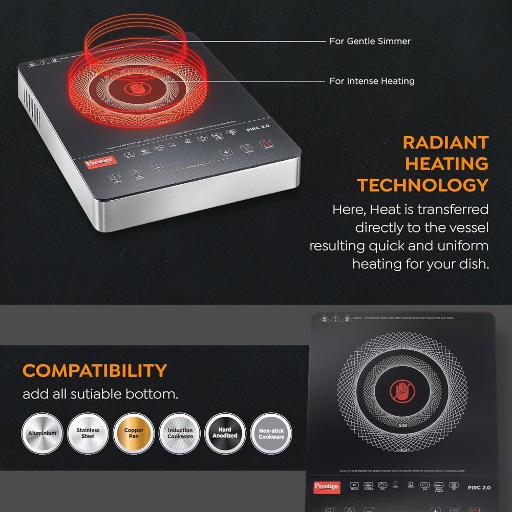 Prestige PIRC 2.0 2000 Watts Infrared Dual Heating Zone Cooktop | Feather Touch Buttons | Black & Silver