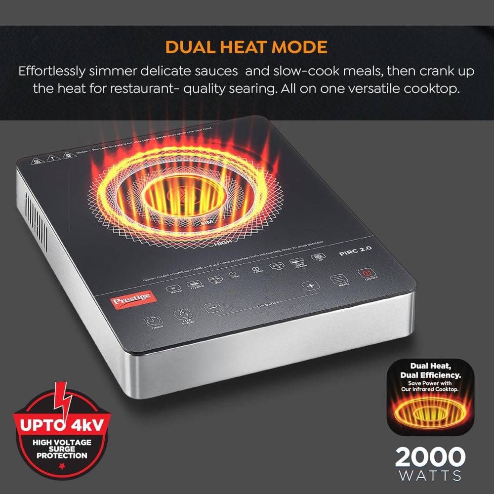 Prestige PIRC 2.0 2000 Watts Infrared Dual Heating Zone Cooktop | Feather Touch Buttons | Black & Silver