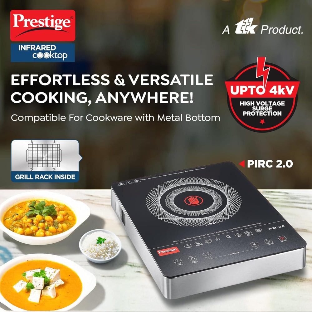 Prestige PIRC 2.0 2000 Watts Infrared Dual Heating Zone Cooktop | Feather Touch Buttons | Black & Silver