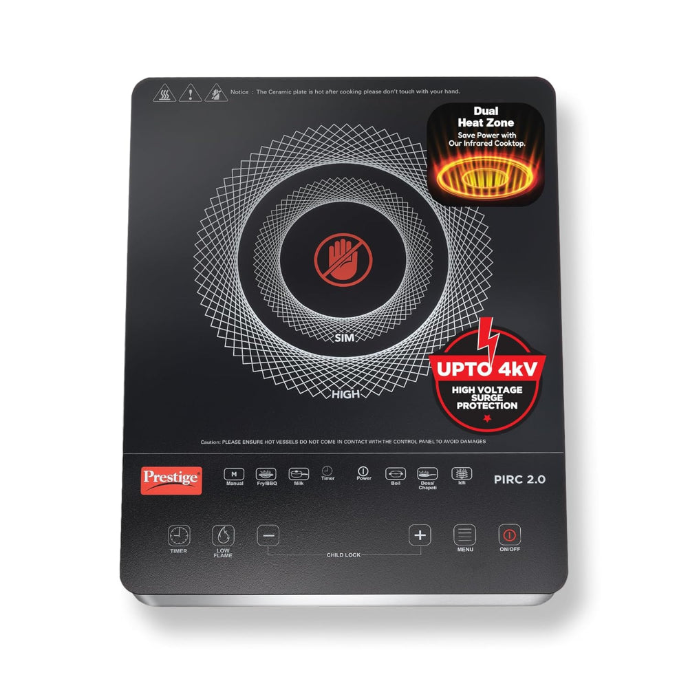 Prestige PIRC 2.0 2000 Watts Infrared Dual Heating Zone Cooktop | Feather Touch Buttons | Black & Silver