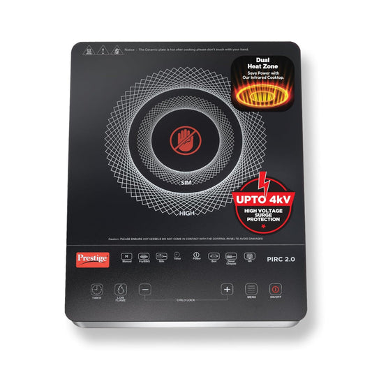 Prestige PIRC 2.0 2000 Watts Infrared Dual Heating Zone Cooktop | Feather Touch Buttons | Black & Silver