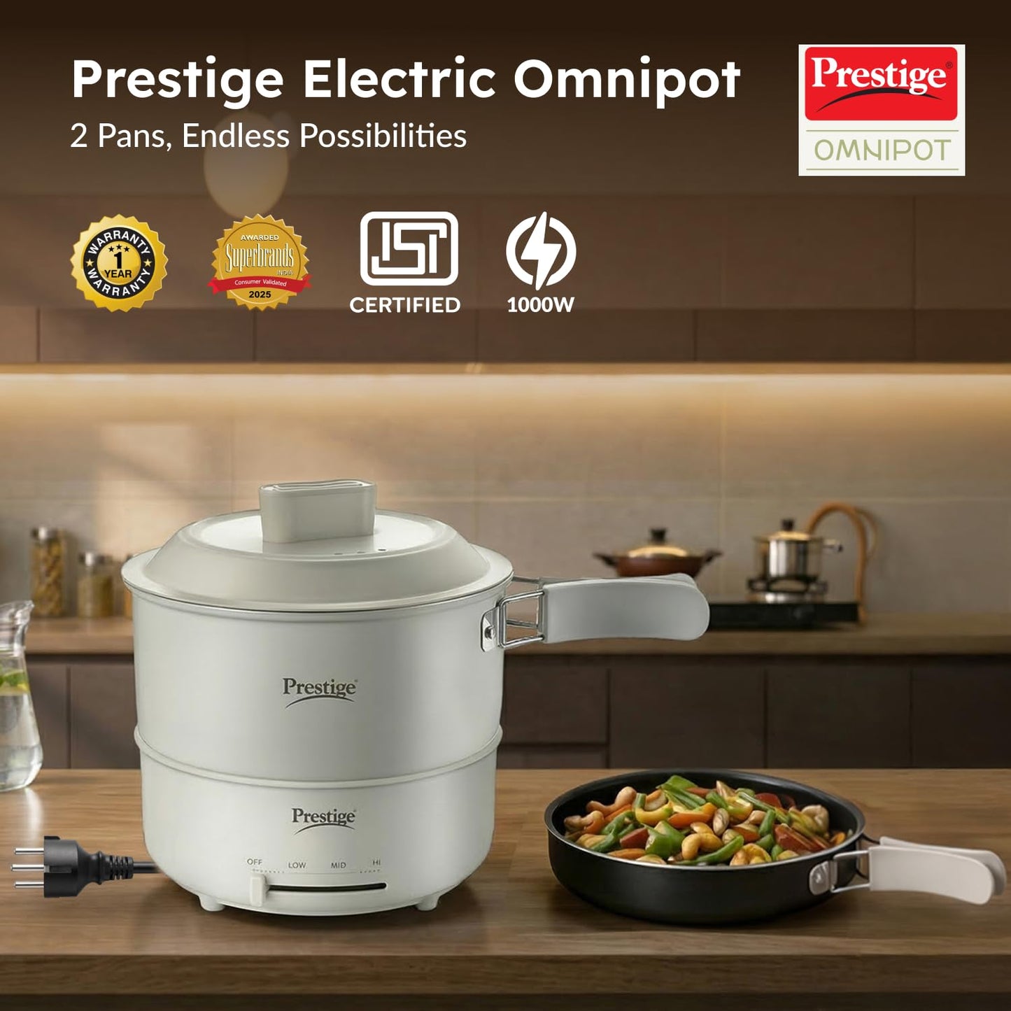 Prestige Electric 1000 Watts Omni Pot | White