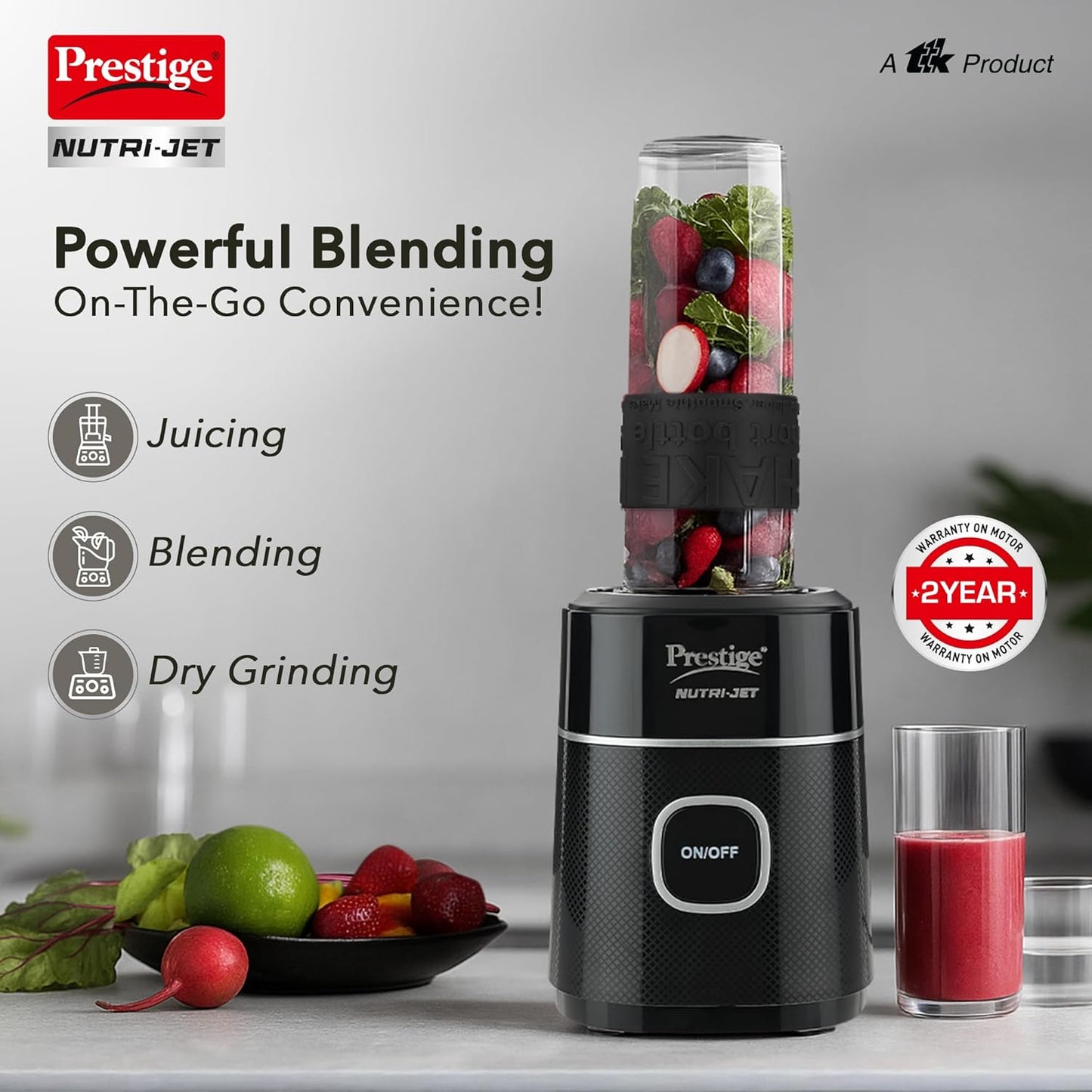 Prestige Nutri-Jet 450 Watts Mixer Grinder with 2 Jars | One-Touch Operation | Black
