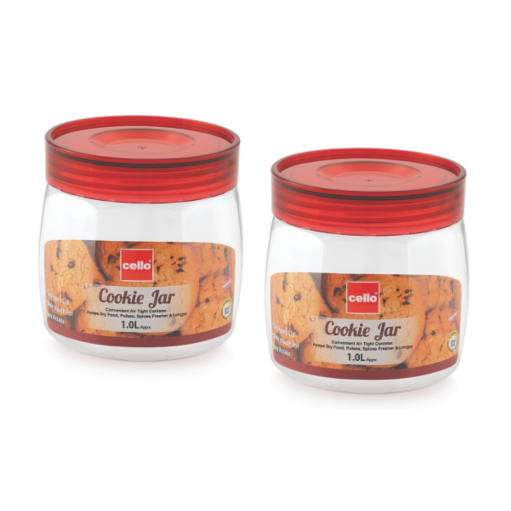 Cello Cookie Oval Plastic Storage Jar with Lid | Transparent | Set of 2 Pcs