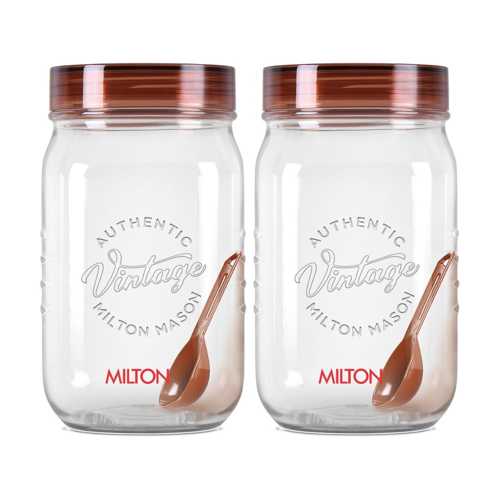 Milton Vintage 2000 ML Airtight Storage Jars with Spoons | Transparent | Set of 2 Pcs