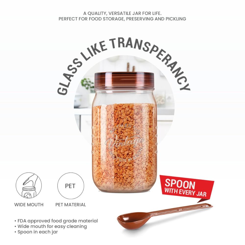 Milton Vintage 2000 ML Airtight Storage Jars with Spoons | Transparent | Set of 2 Pcs