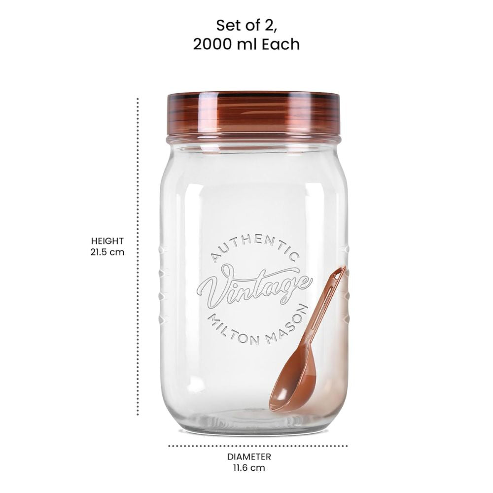 Milton Vintage 2000 ML Airtight Storage Jars with Spoons | Transparent | Set of 2 Pcs