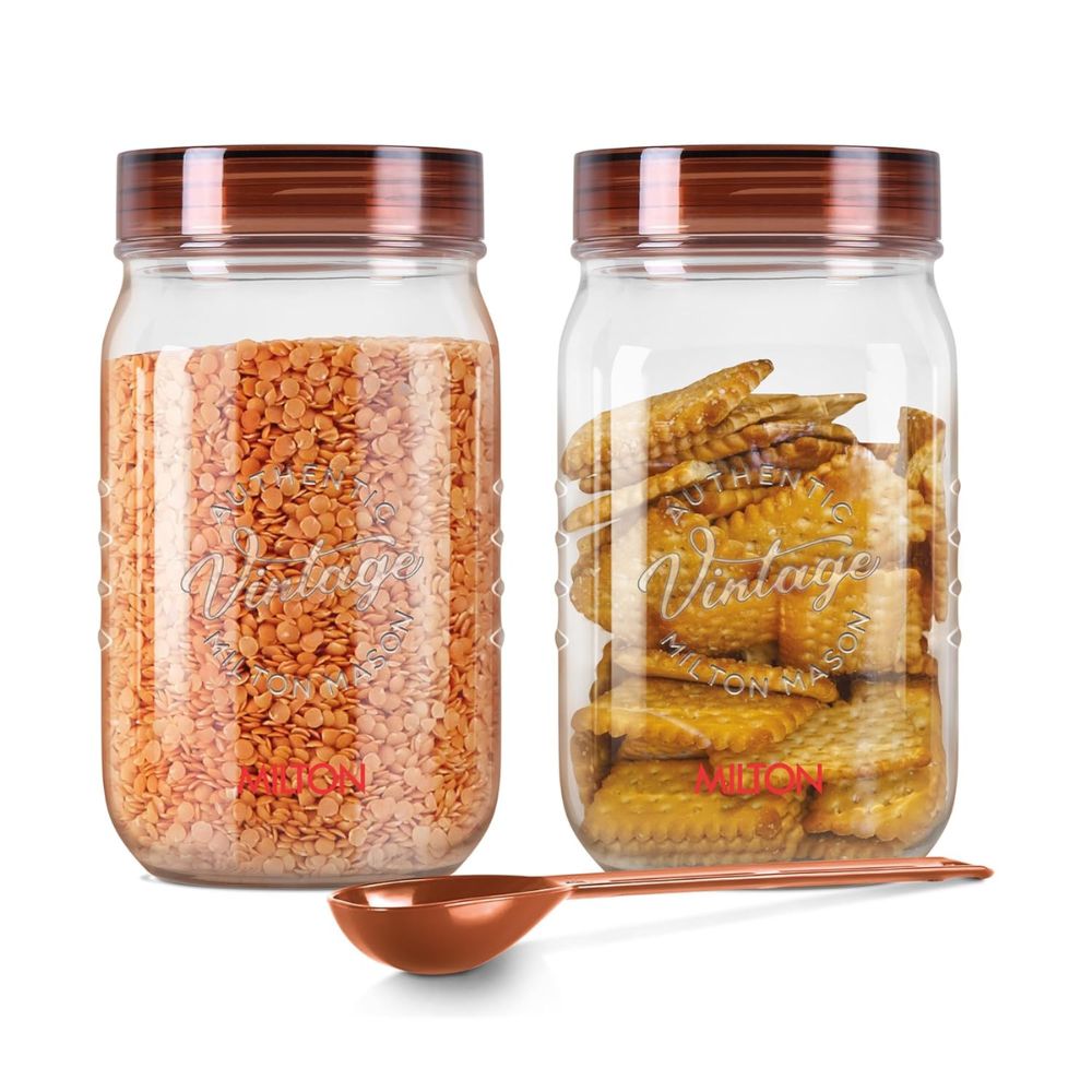 Milton Vintage 2000 ML Airtight Storage Jars with Spoons | Transparent | Set of 2 Pcs