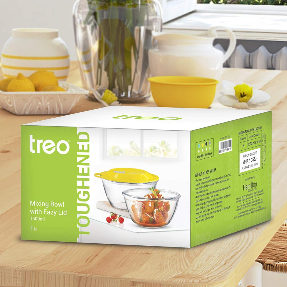Treo Toughened Glass 1500 ML Mixing Bowl with Eazy Lid | 1 Pc