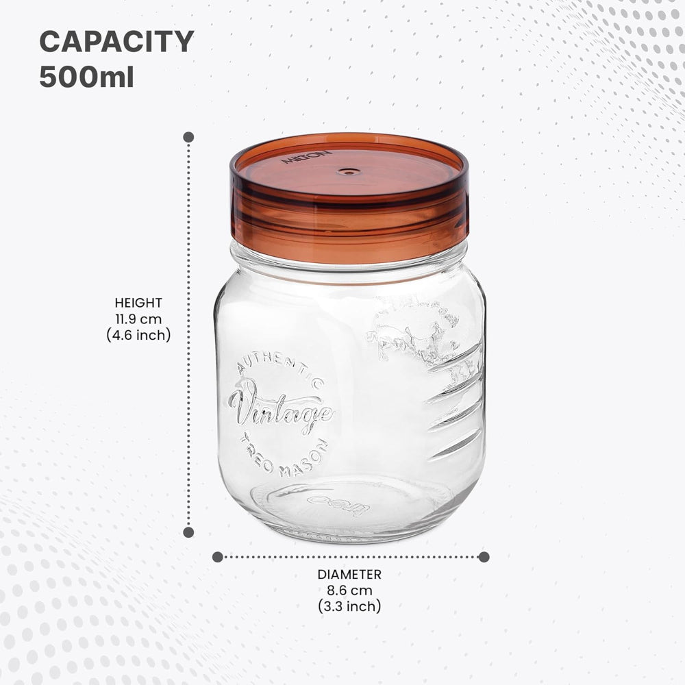 Treo Vintage 500 ML Glass Jar Set | Transparent | Set of 2 Pcs