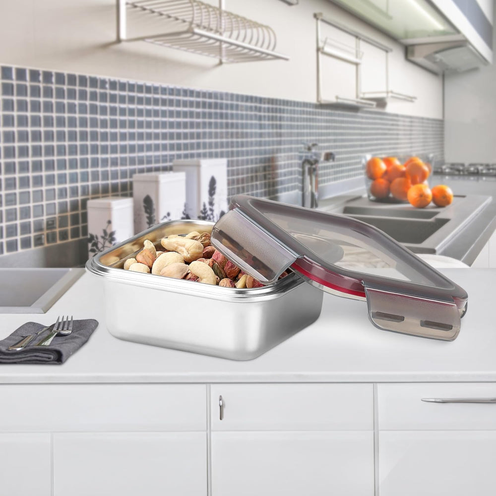 Milton Modulo Stainless Steel Square Container with Lock Lid | Microwave & Oven safe | 1 Pc