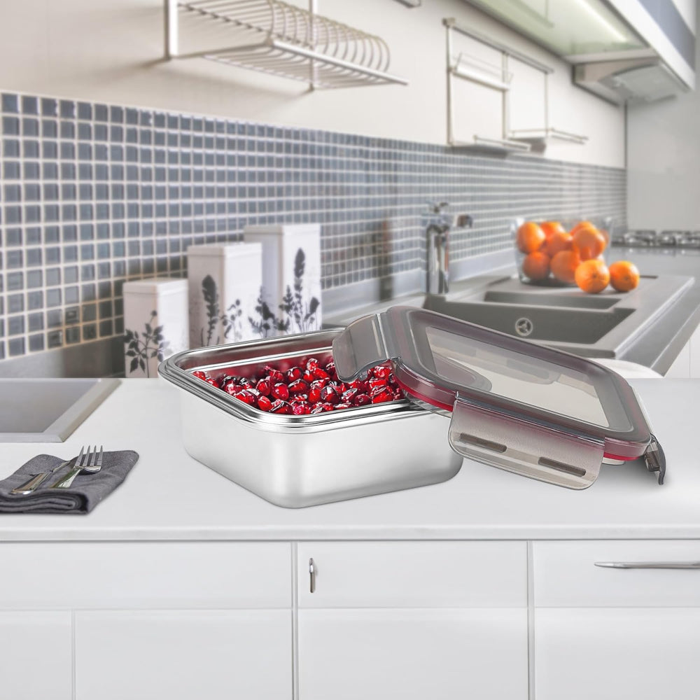Milton Modulo Stainless Steel Square Container with Lock Lid | Microwave & Oven safe | 1 Pc
