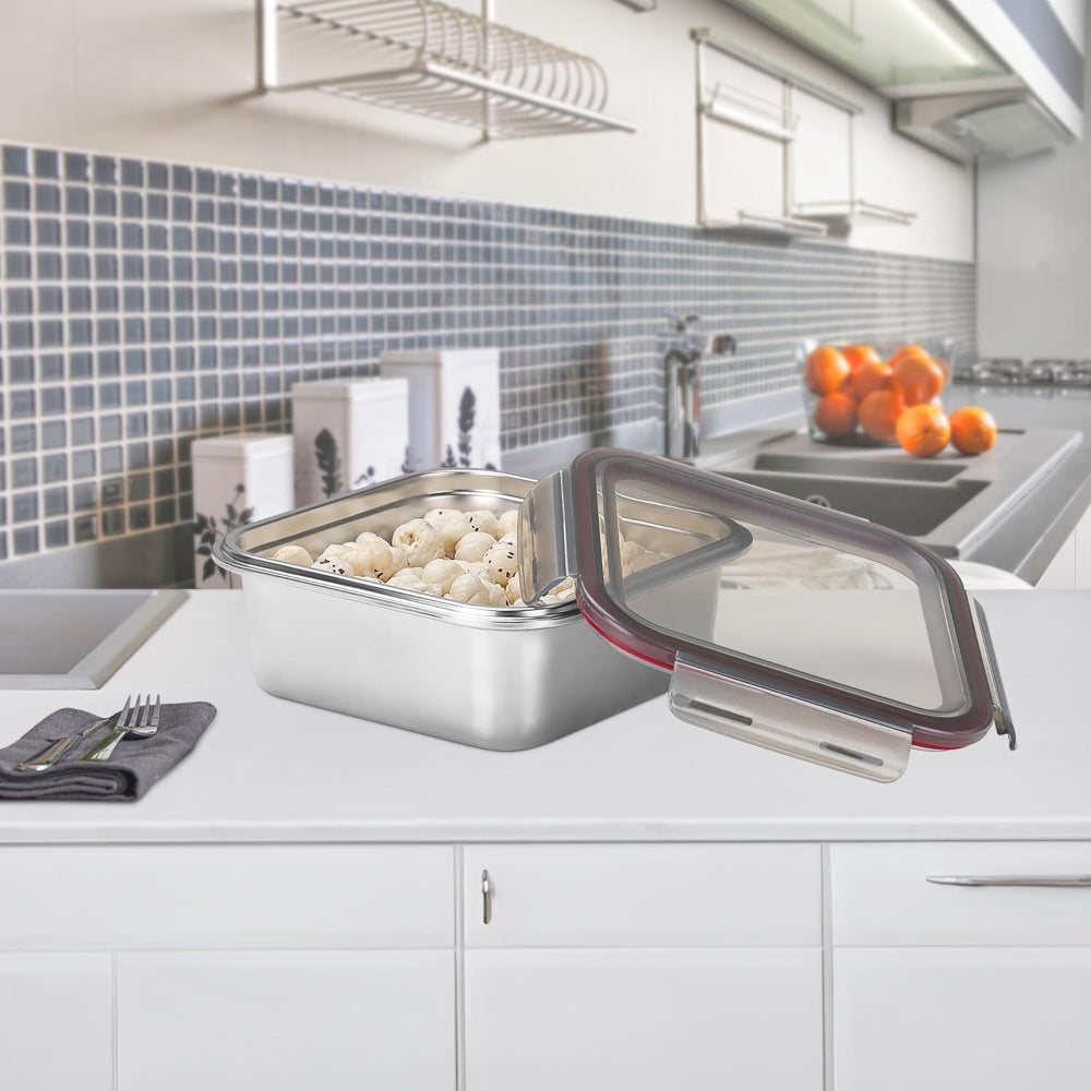 Milton Modulo Stainless Steel Square Container with Lock Lid | Microwave & Oven safe | 1 Pc