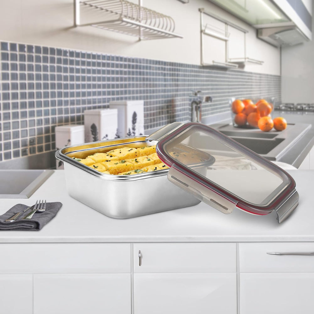 Milton Modulo Stainless Steel Square Container with Lock Lid | Microwave & Oven safe | 1 Pc