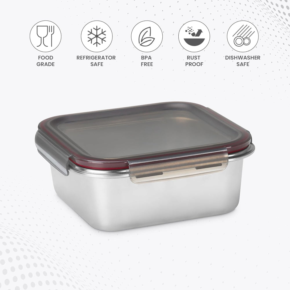Milton Modulo Stainless Steel Square Container with Lock Lid | Microwave & Oven safe | 1 Pc