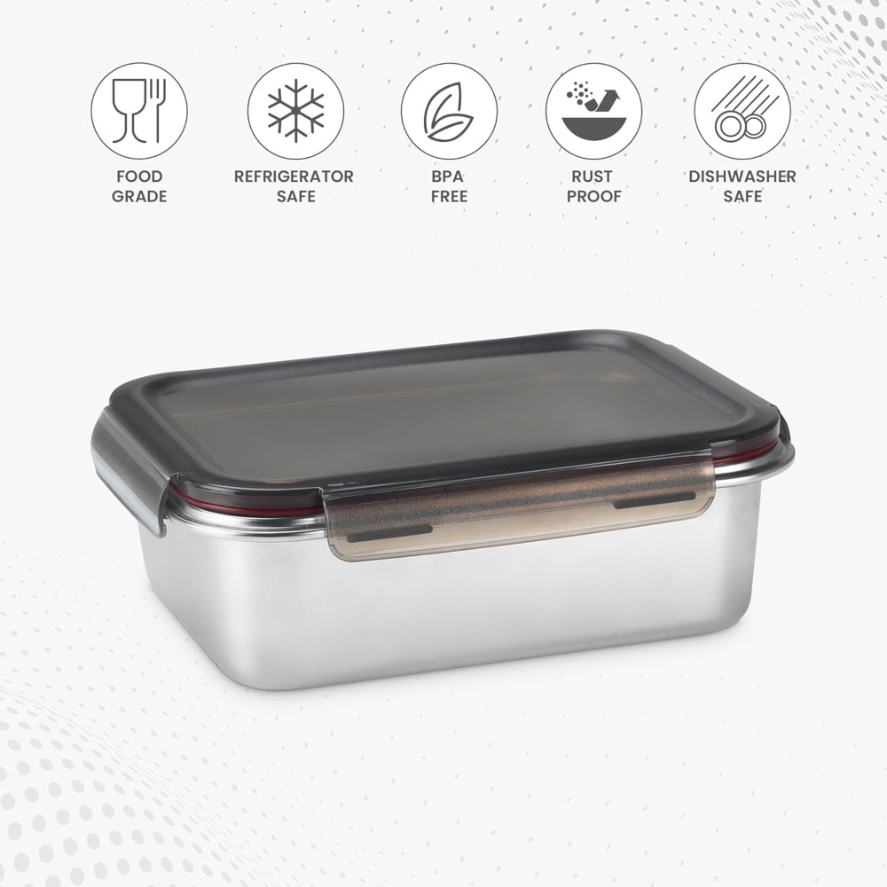 Milton Modulo Stainless Steel Rectangular Container with Lock Lid | Microwave & Oven safe | 1 Pc