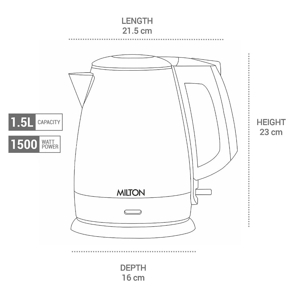 Milton Euroline Riga Electric 1.5 Litre 1500 Watts Stainless Steel Electric Kettle | Black
