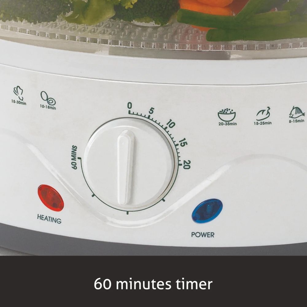 Glen Electric 900 Watts Food Steamer with 60 Minute Timer | 3 Food Grade Containers | White