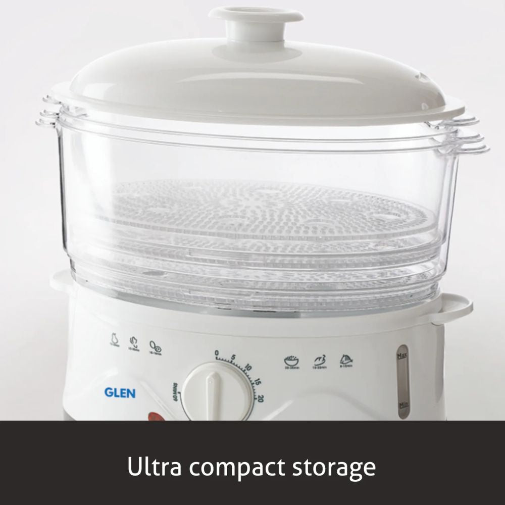 Glen Electric 900 Watts Food Steamer with 60 Minute Timer | 3 Food Grade Containers | White
