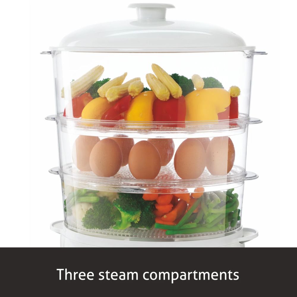Glen Electric 900 Watts Food Steamer with 60 Minute Timer | 3 Food Grade Containers | White