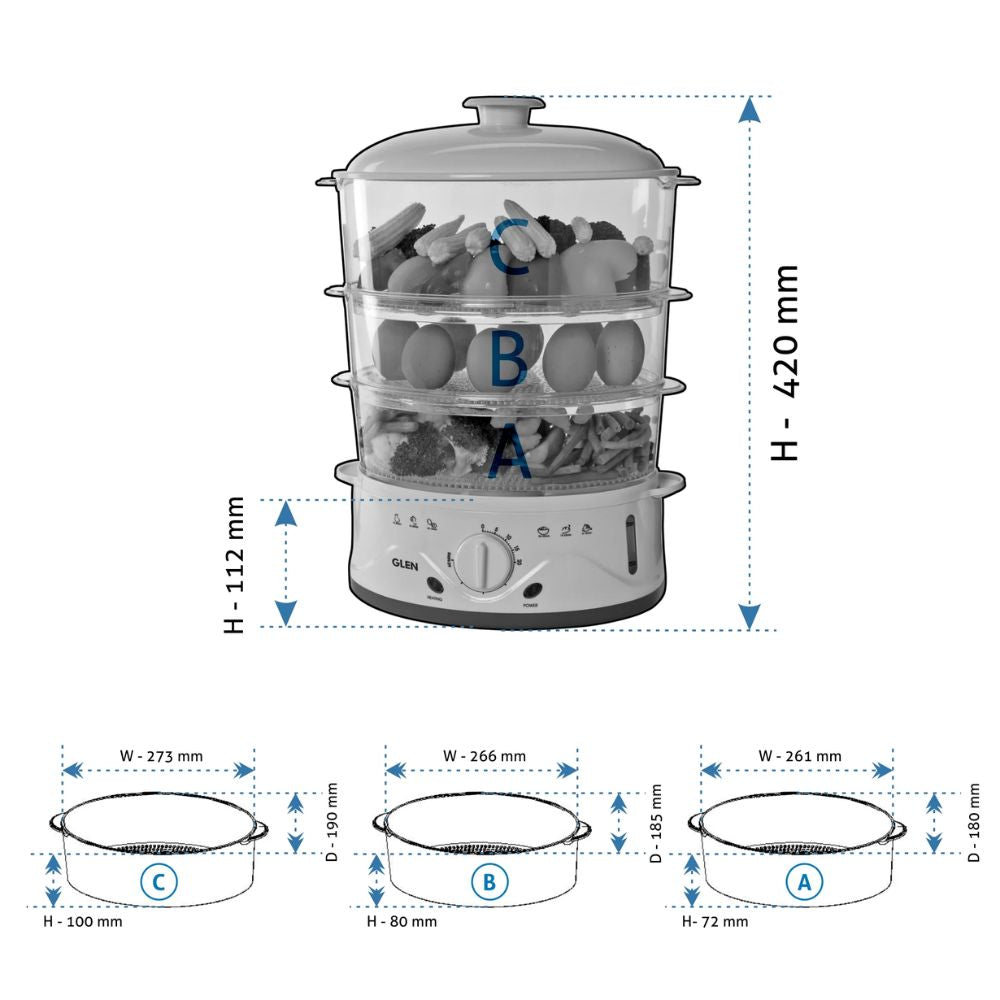 Glen Electric 900 Watts Food Steamer with 60 Minute Timer | 3 Food Grade Containers | White