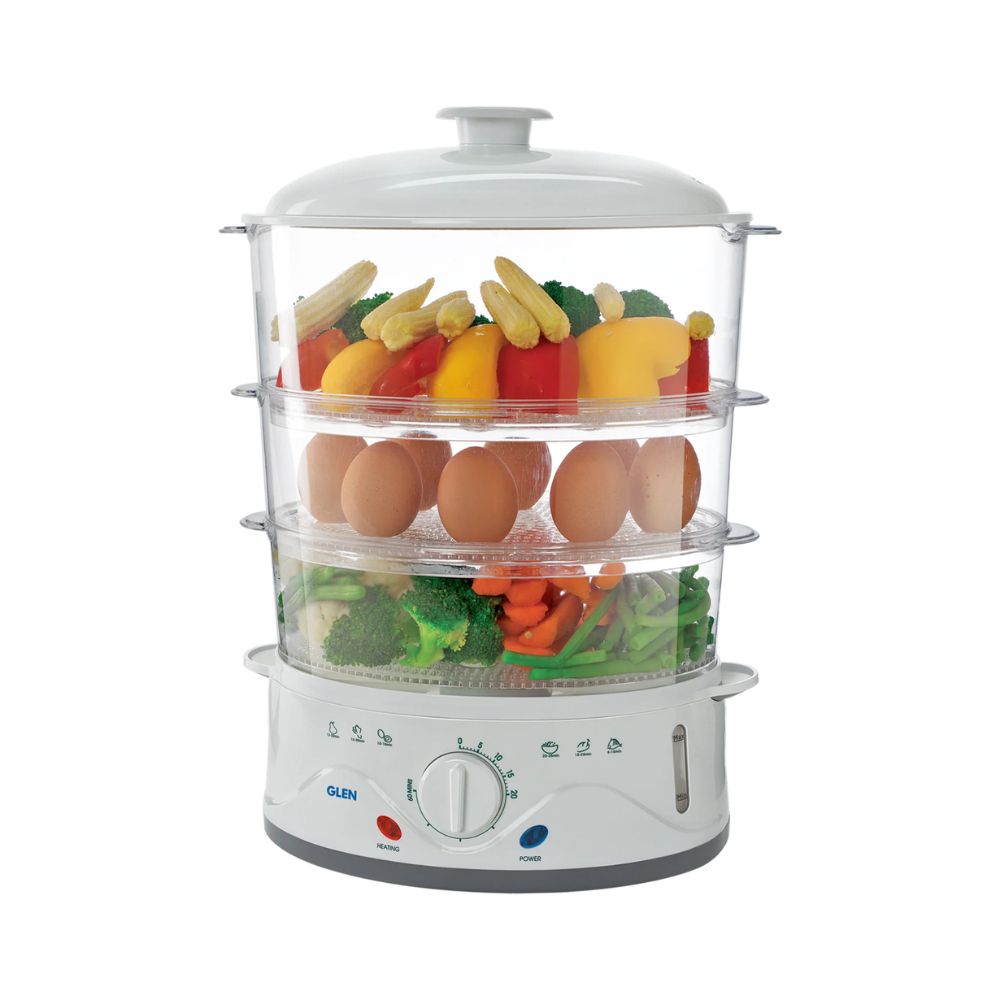 Glen Electric 900 Watts Food Steamer with 60 Minute Timer | 3 Food Grade Containers | White