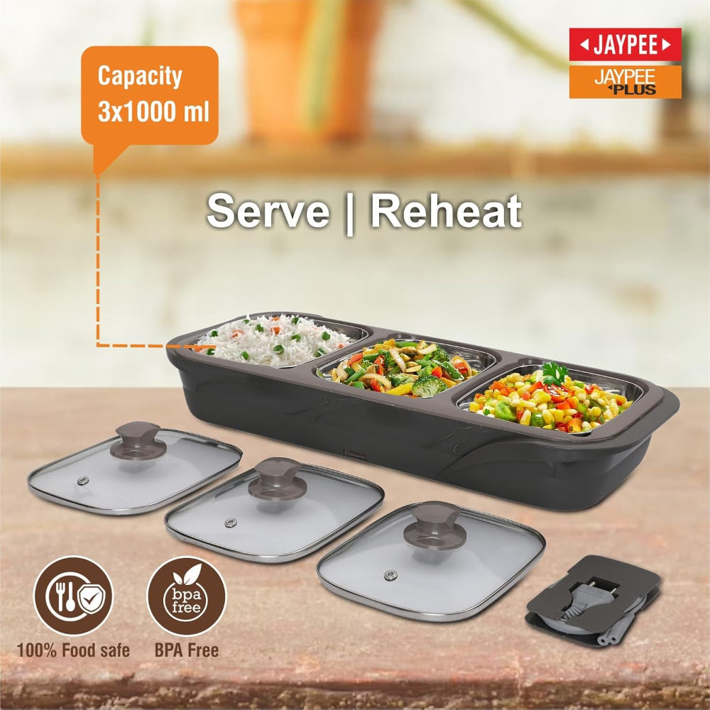 Jaypee Plus E-3 Electric Casserole Set with Toughened Glass Lid | 3 in 1 Electric Bowl for Food Warmer & Buffet Server