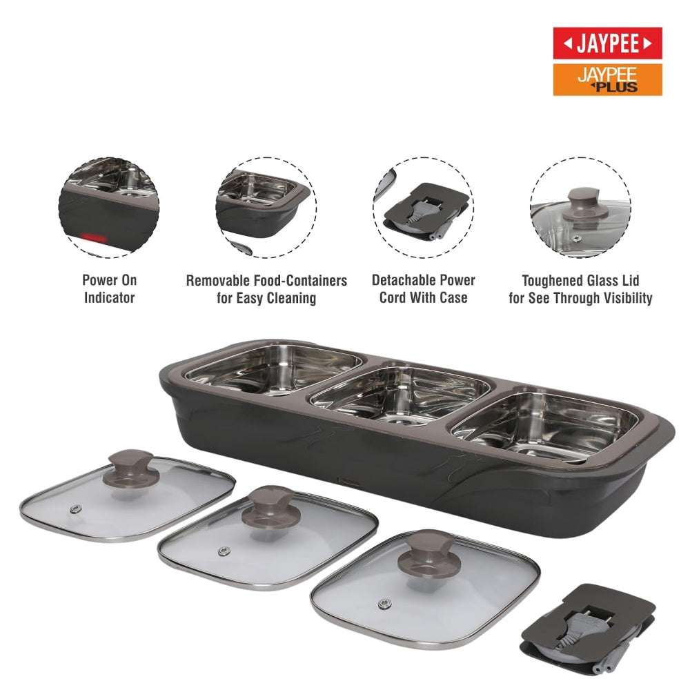 Jaypee Plus E-3 Electric Casserole Set with Toughened Glass Lid | 3 in 1 Electric Bowl for Food Warmer & Buffet Server