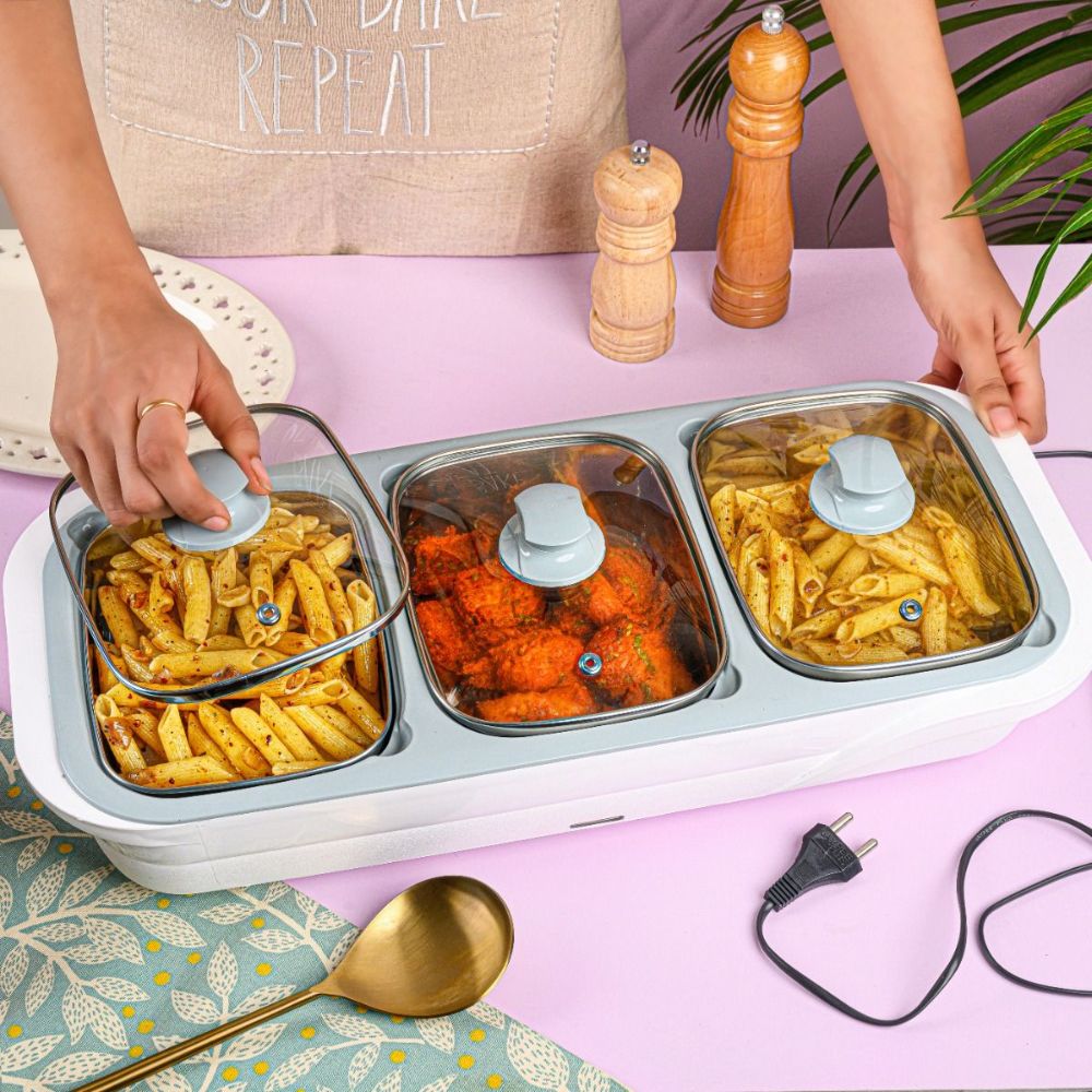 Jaypee Plus E-3 Electric Casserole Set with Toughened Glass Lid | 3 in 1 Electric Bowl for Food Warmer & Buffet Server