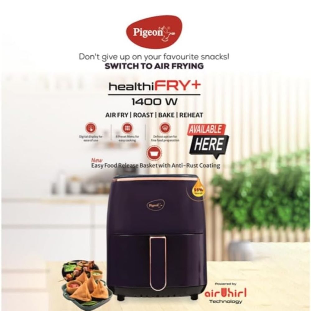 Pigeon Healthifry Plus 1400 Watt 4.2 Litre Digital Air Fryer | 360° High Speed Air Circulation Technology | Purple