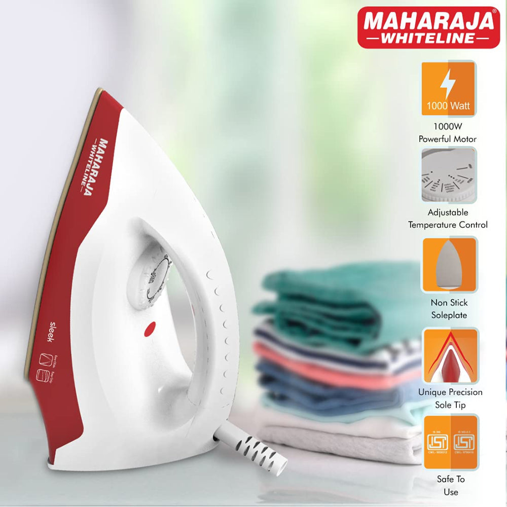 Maharaja Whiteline Sleek 1000 Watt Dry Iron | White & Red
