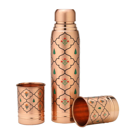 Lacoppera Copper 3D Printed Ayurship Jaali Bagh Gift Set | Bottle with 2 Glasses | Unique Gift Set | Set of 3 Pcs