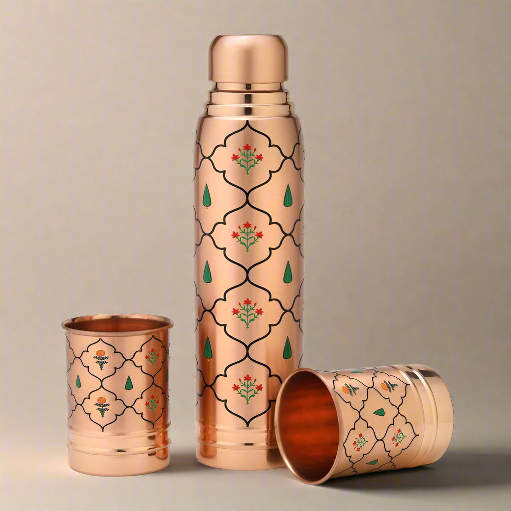 Lacoppera Copper 3D Printed Ayurship Jaali Bagh Gift Set | Bottle with 2 Glasses | Unique Gift Set | Set of 3 Pcs