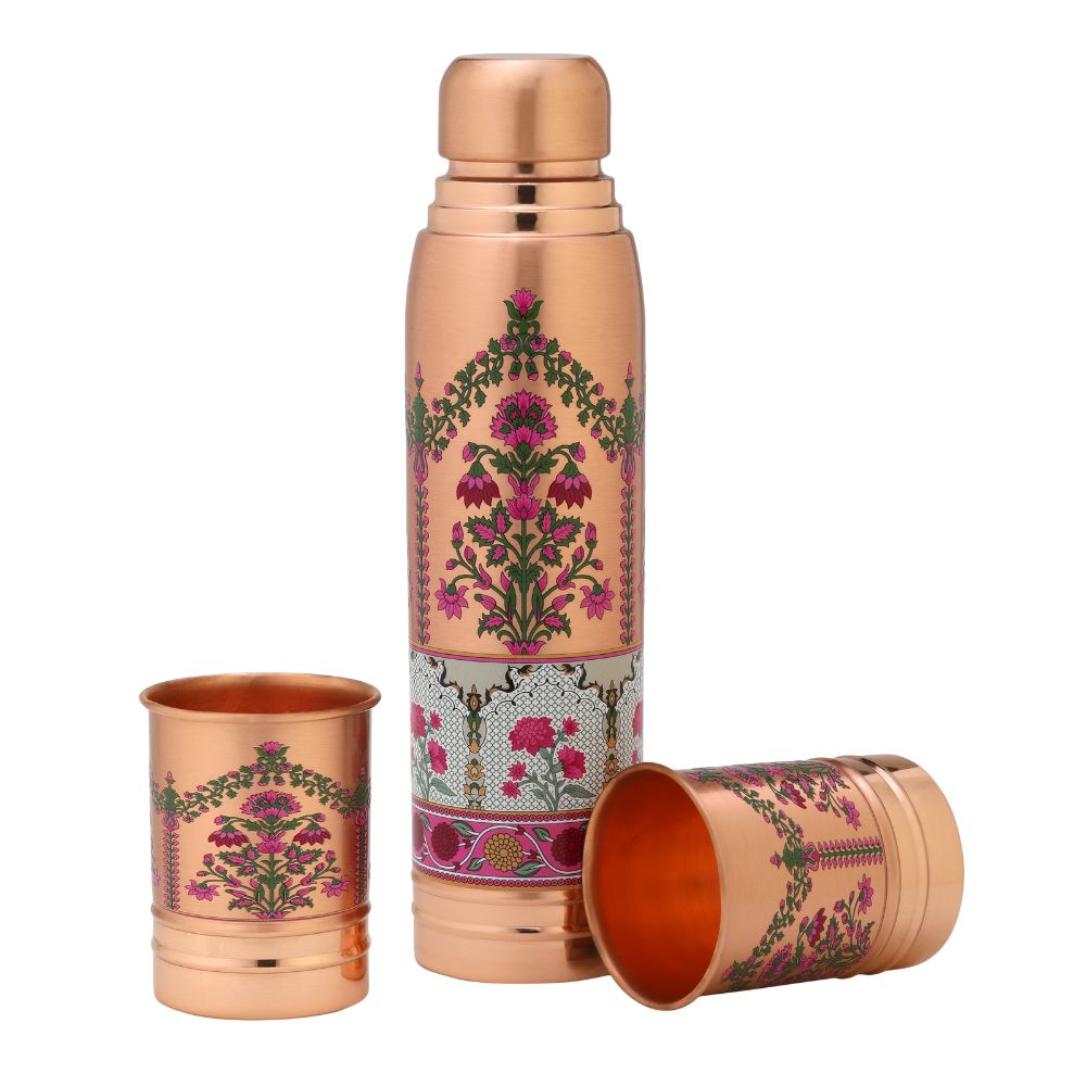 Lacoppera Copper 3D Printed Ayurship Noor E Gul Gift Set | Bottle with 2 Glasses | Unique Gift Set | Set of 3 Pcs