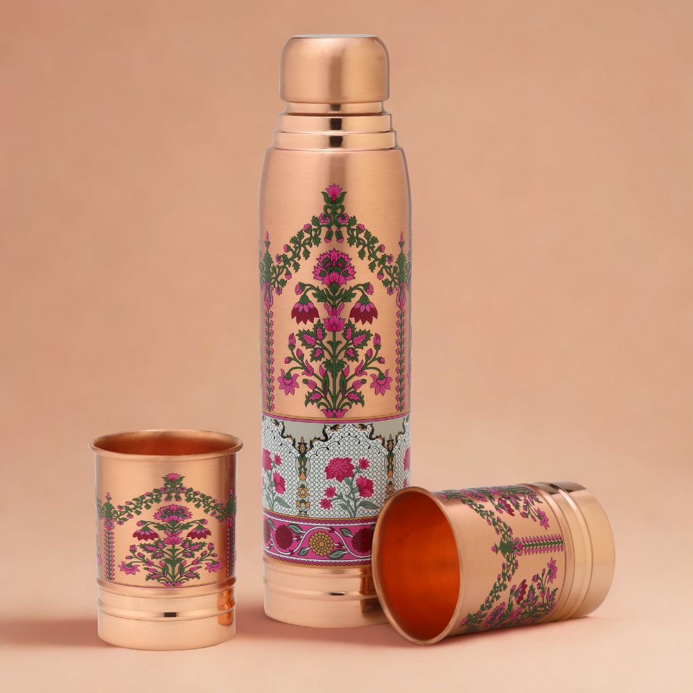 Lacoppera Copper 3D Printed Ayurship Noor E Gul Gift Set | Bottle with 2 Glasses | Unique Gift Set | Set of 3 Pcs