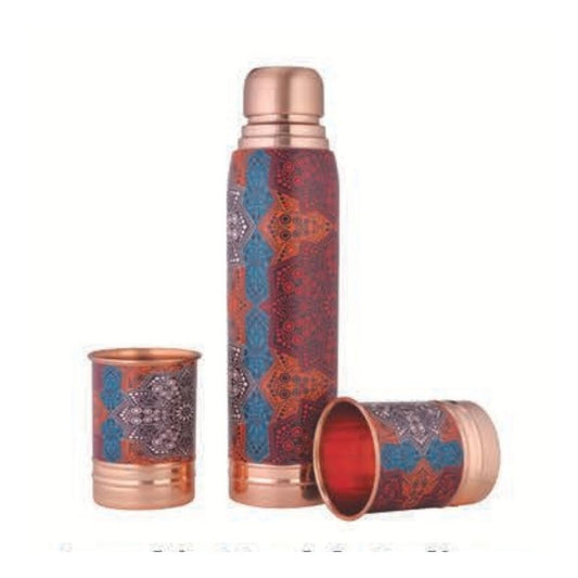 Lacoppera Copper 3D Printed Ayurship Mandala Rediance Gift Set | Bottle with 2 Glasses | Unique Gift Set | Set of 3 Pcs