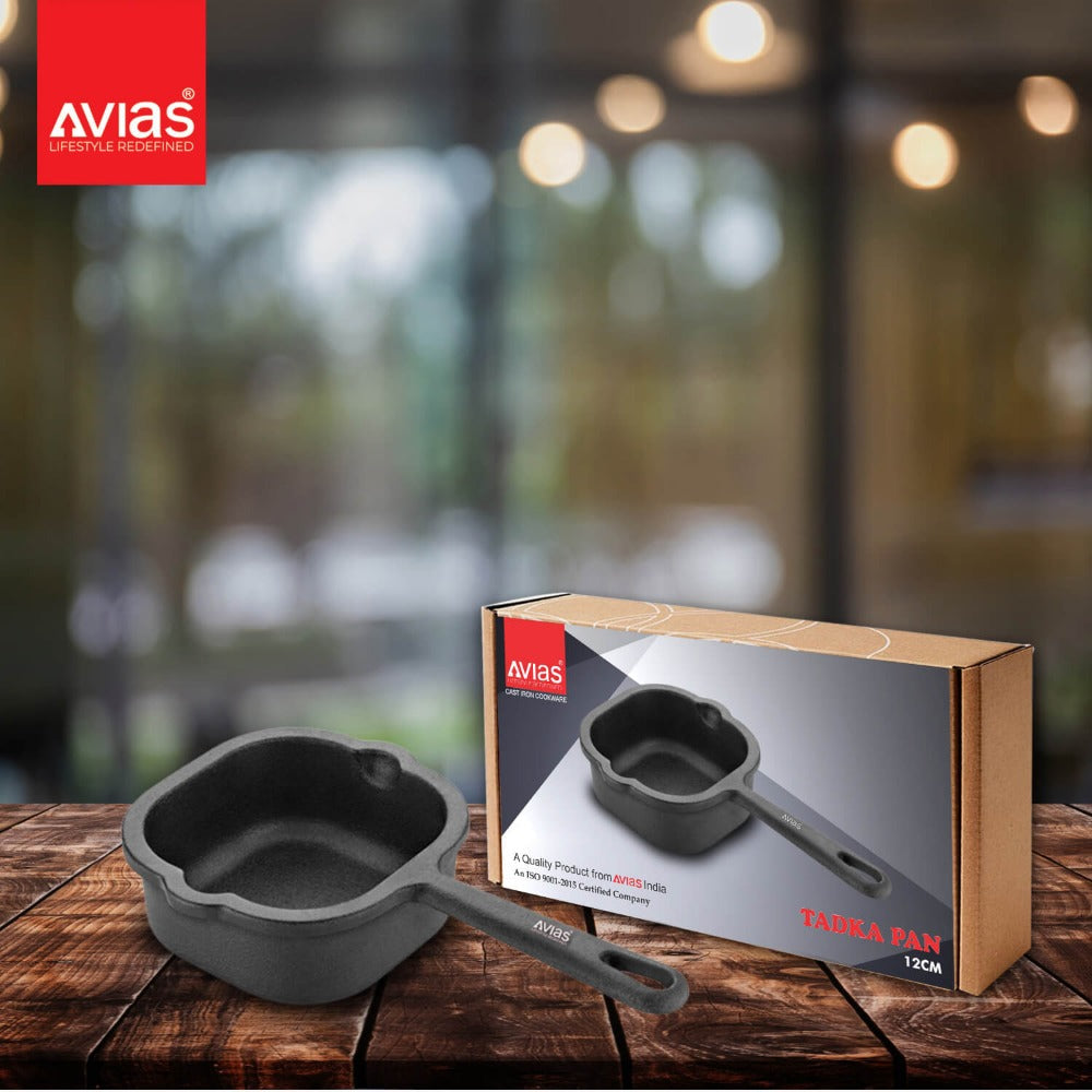 Avias Cast Iron 12 cm Tadka Pan | Gas & Induction Compatible | Black