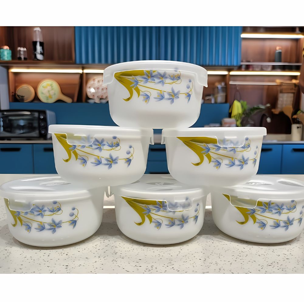 Larah by Borosil Opalware Katori with Lid | 6 Bowls and 6 Lids