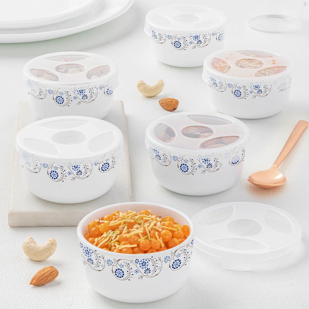 Larah by Borosil Opalware Katori with Lid | 6 Bowls and 6 Lids