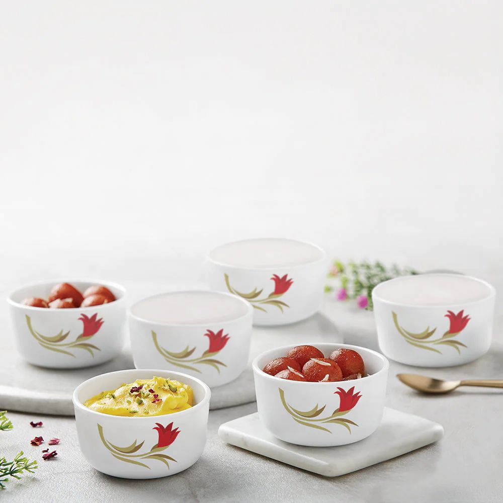 Larah by Borosil Opalware Katori with Lid | 6 Bowls and 6 Lids