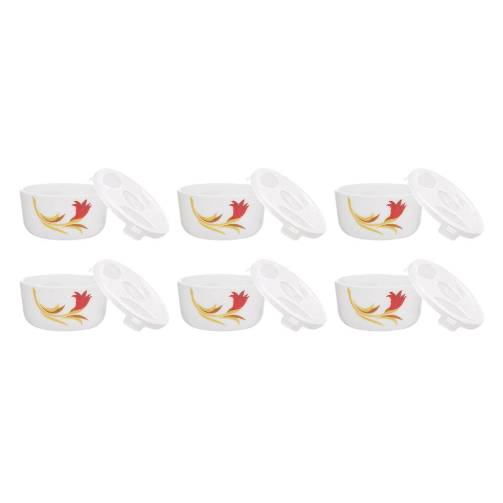 Larah by Borosil Opalware Katori with Lid | 6 Bowls and 6 Lids
