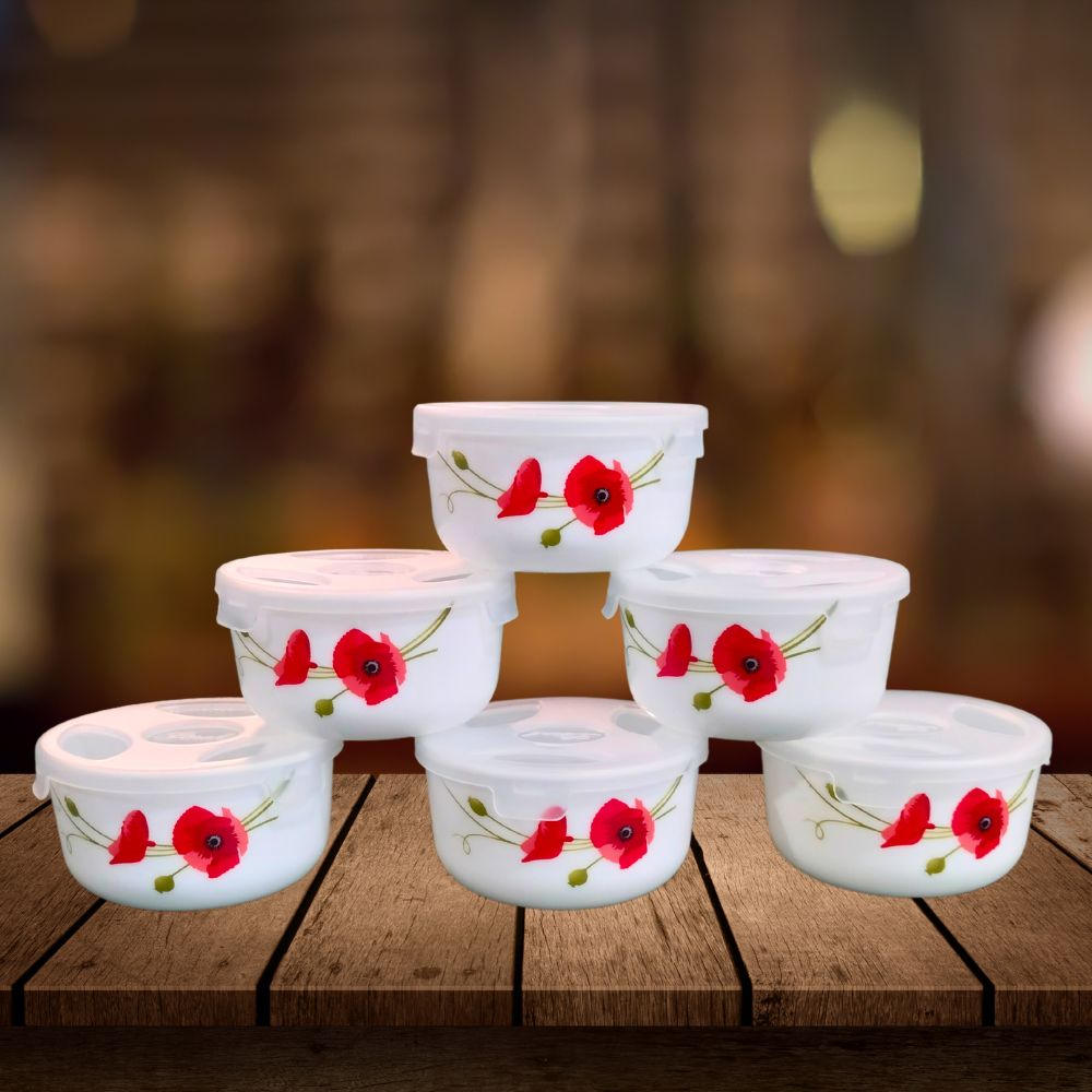 Larah by Borosil Opalware Katori with Lid | 6 Bowls and 6 Lids
