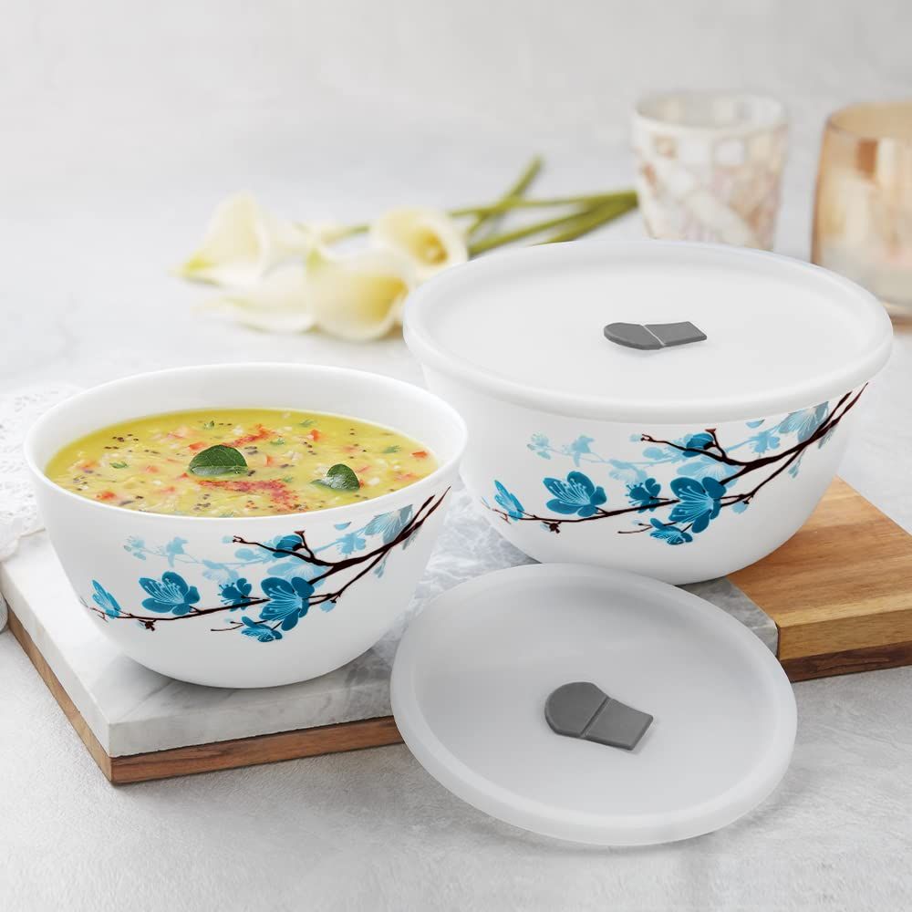 Larah by Borosil Opalware Mimosa 1500 ML Mixing Bowl with Lid | 1 Pc