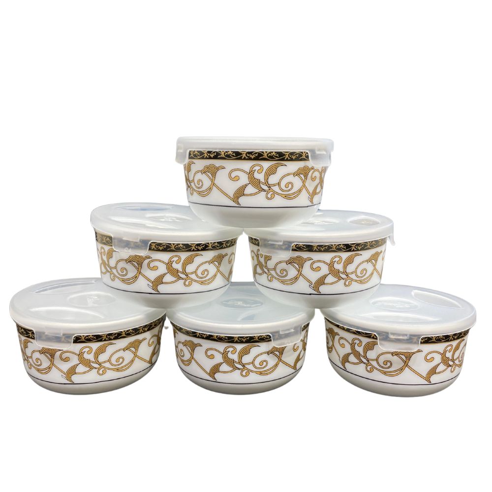 Larah by Borosil Opalware Katori with Lid | 6 Bowls and 6 Lids