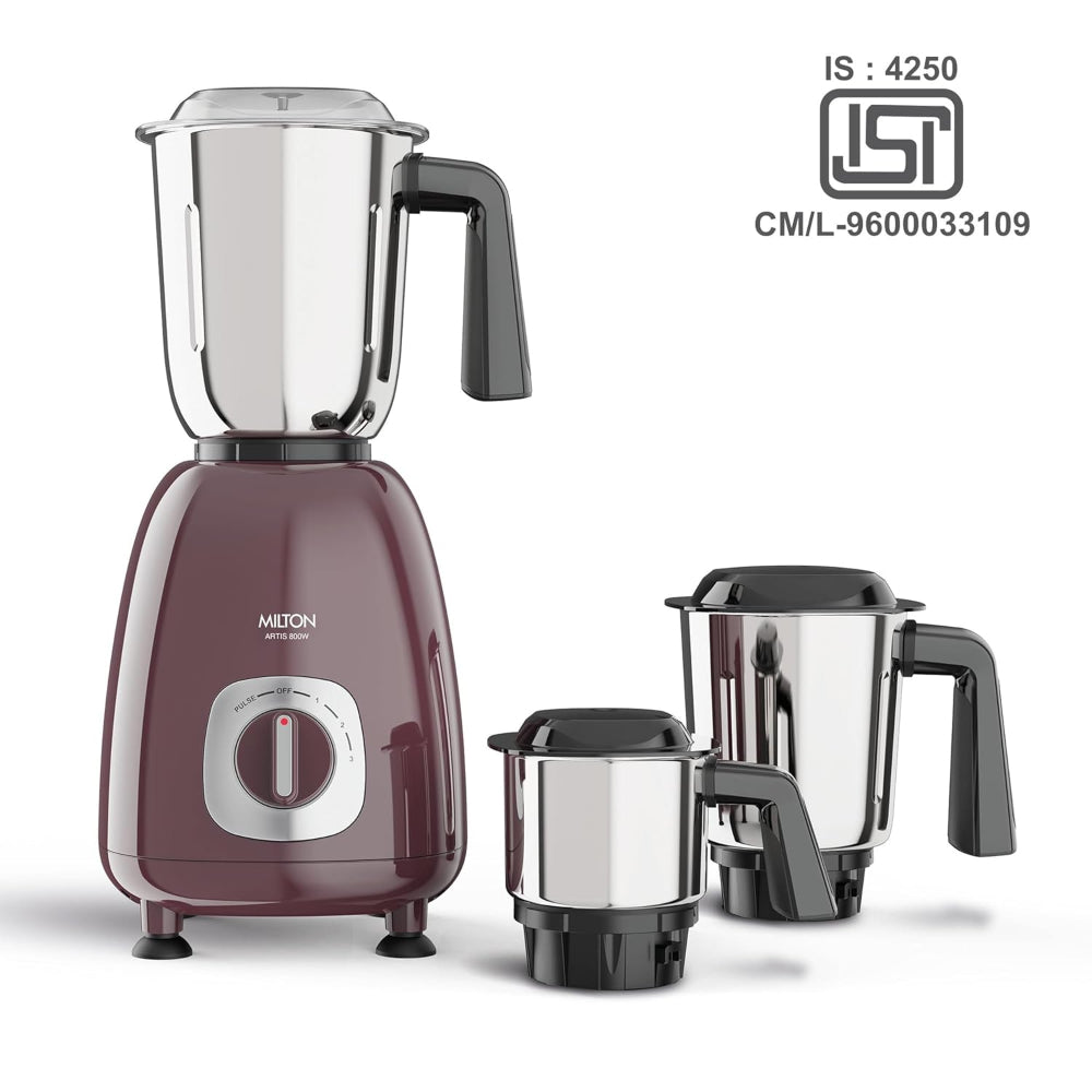 Milton Artis 800 Watts Mixer Grinder with 3 Jars | Wine