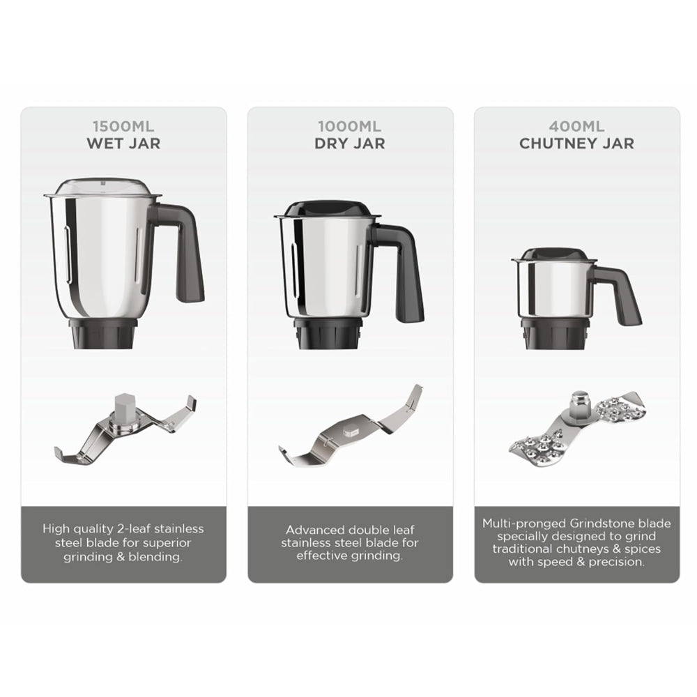 Milton Artis 1000 Watts Mixer Grinder with 3 Jars | Black