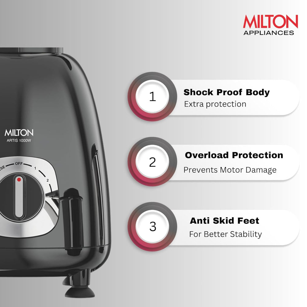 Milton Artis 1000 Watts Mixer Grinder with 3 Jars | Black