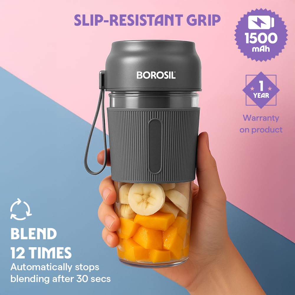 Borosil NutriGrip 40 Watts Portable Blender | Low-Noise DC Motor | Grey